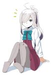  1girl ahoge asashimo_(kantai_collection) bow bowtie convenient_leg dress full_body grey_eyes grey_legwear hair_over_one_eye halterneck kantai_collection long_hair long_sleeves looking_at_viewer moti_coi no_shoes pantyhose ponytail purple_dress school_uniform shirt silver_hair simple_background sitting solo wavy_mouth white_background white_shirt 