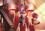  2girls 52ikaros absurdres bangs bare_shoulders breasts bun_cover detached_sleeves double_bun drooling female flower food gintama glasses hair_flower hair_ornament highres holding holding_plate japanese_clothes kagura_(gintama) kimono large_breasts long_hair mole mole_under_eye multiple_girls obi plate purple_hair red-framed_eyewear red_hair saliva sarutobi_ayame sash steam wide_sleeves 