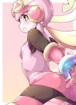  1girl ass blonde_hair blush bodysuit bound bound_wrists breasts capcom from_behind gloves green_eyes helmet long_hair looking_at_viewer looking_back netnavi open_mouth pink_bodysuit pink_gloves rockman rockman_exe roll_exe skin_tight small_breasts solo thighhighs yuuutsu_shan 