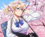  1girl bag bandaid bangs blonde_hair blue_eyes blue_neckwear blue_sky blush bow bowtie breasts bullpup cherry_blossoms cleavage cloud collared_shirt day floating_hair gun hair_ribbon hand_in_hair highres holding holding_gun holding_weapon itou_(onsoku_tassha) large_breasts long_hair original outdoors p90 pink_ribbon ponytail ribbon school_uniform shirt sky smile solo submachine_gun uniform weapon 