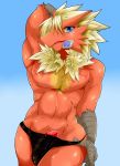  abs absurd_res anthro athletic avian biped blaziken bulge clothing condom condom_in_mouth digital_media_(artwork) erection fan_character front_view geiru_mirua hair hand_behind_head hi_res inviting looking_at_viewer male neck_tuft nintendo nipples penis pok&eacute;mon pok&eacute;mon_(species) pok&eacute;morph solo standing tuft underwear video_games 