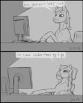  2019 arareroll comic computer english_text equid equine feral friendship_is_magic greyscale hair hi_res horse inside male mammal monochrome my_little_pony pony solo text 