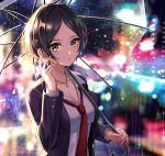  1girl bangs black_hair blurry blurry_background blush breasts city_lights cleavage collarbone collared_shirt earrings hand_up hayami_kanade highres holding holding_umbrella idolmaster idolmaster_cinderella_girls ilo jacket jewelry long_sleeves looking_at_viewer medium_breasts necklace necktie open_clothes open_jacket open_mouth outdoors parted_bangs rain red_neckwear shirt short_hair solo umbrella white_shirt yellow_eyes 