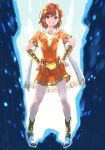  1girl adapted_costume brown_eyes brown_hair cape commentary_request contrapposto cosplay dc_comics detached_collar full_body gauntlets hands_on_hips looking_at_viewer misaka_mikoto orange_shirt orange_skirt parted_lips raika9 shazam shazam_(cosplay) shazam_(movie) shirt short_hair skirt smile solo superhero to_aru_kagaku_no_railgun to_aru_majutsu_no_index white_cape 