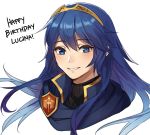  1girl blue_eyes blue_hair blue_scarf blush commentary emblem english_commentary eyebrows_visible_through_hair fire_emblem fire_emblem:_kakusei fire_emblem_heroes happy_birthday high_collar kamu_(kamuuei) long_hair looking_at_viewer lucina nintendo ribbed_sweater scarf smile super_smash_bros. sweater tiara 