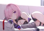  bee_doushi blush bodysuit breasts cleavage couch elbow_gloves fate/grand_order fate_(series) garter gloves mash_kyrielight pink_hair purple_eyes short_hair signed tie 