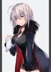  1girl absurdres bangs black_dress blue_jacket breasts cleavage collarbone commentary_request dress eyebrows_visible_through_hair fate/grand_order fate_(series) fur-trimmed_jacket fur-trimmed_sleeves fur_trim grey_background hair_between_eyes hand_up head_tilt highres holding jacket jeanne_d&#039;arc_(alter)_(fate) jeanne_d&#039;arc_(fate)_(all) large_breasts leaning_forward long_hair long_sleeves open_clothes open_jacket parted_lips silver_hair solo two-tone_background white_background wicked_dragon_witch_ver._shinjuku_1999 yellow_eyes yuki_maccha_(yukimattya10) 