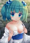  1girl absurdres bangs bare_shoulders blue_eyes blue_sash blush breasts collarbone commentary_request eyebrows_visible_through_hair green_hair hair_bobbles hair_ornament heart heart-shaped_pupils highres japanese_clothes kimono kisume long_sleeves looking_at_viewer medium_breasts off_shoulder parted_lips sash short_hair solo suigetsu_(watermoon-910) symbol-shaped_pupils touhou twintails undressing upper_body white_kimono wide_sleeves 