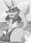  anthro balls butt celescario duo erection female female_focus hi_res human human_on_anthro imminent_sex interspecies looking_back lucario male male/female mammal monochrome nintendo nude penis pok&eacute;mon pok&eacute;mon_(species) raised_tail rear_view solo_focus video_games water wet 