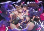  2girls ahri akali animal_ears artist_name ass back bangs bare_shoulders baseball_cap belt black_gloves blonde_hair bracelet breasts can choker cleavage collarbone covered_navel cowboy_shot earrings eyeshadow fingerless_gloves fingernails fox_ears fox_tail gem glint gloves hair_between_eyes hand_on_hip hat heart high_ponytail highres holding holding_can jacket jewelry k/da_(league_of_legends) k/da_ahri k/da_akali large_breasts league_of_legends lipstick long_fingernails long_hair looking_at_viewer love_cacao makeup mask midriff multiple_girls navel open_clothes parted_lips pink_lips ponytail purple_hair red_lips sharp_fingernails sidelocks smile spray_can swept_bangs tail thick_thighs thighhighs thighs whisker_markings yellow_eyes 