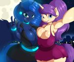  2019 clothed clothing digital_media_(artwork) duo equid fan_character female friendship_is_magic full_moon gesture hair hi_res horn long_hair looking_at_viewer mammal moon my_little_pony princess_luna_(mlp) smile suirano unicorn v_sign winged_unicorn wings 
