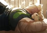  2019 anthro bed belly blue_eyes bulge clothing eyewear glasses hi_res leib_(tas) lying male mammal necktie overweight overweight_male pants polar_bear r_e_g_i_t shirt solo tokyo_afterschool_summoners topwear ursid ursine video_games 