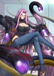  1girl adsouto blush breasts bustier claws cleavage cleavage_cutout eyebrows_visible_through_hair fate/grand_order fate_(series) glasses gorgon_(fate) highres huge_breasts large_breasts long_hair monster_girl navel open_mouth purple_eyes purple_hair rider scales slit_pupils smile snake snake_hair solo very_long_hair 