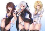  3girls :d bare_arms bare_shoulders black_dress black_jacket black_legwear blonde_hair blue_bra blue_eyes blue_panties bra breast_hold breasts brown_hair cameltoe china_dress chinese_clothes cleavage closed_mouth collarbone commentary_request cowboy_shot cross cross_necklace crotch_seam denpa_(denpae29) drawstring dress dress_shirt ear_piercing frown gluteal_fold groin hair_ribbon hair_rings hand_in_pocket hand_up jacket jewelry lace lace-trimmed_bra lace-trimmed_panties large_breasts lingerie long_hair long_sleeves looking_at_viewer multiple_girls navel necklace no_pants one_side_up open_clothes open_jacket open_mouth original panties pelvic_curtain piercing pink_bra pink_eyes pink_panties red_eyes ribbon shirt side-tie_panties sidelocks skindentation sleeveless sleeveless_dress smile stomach thigh_gap thighhighs thighs underwear v-shaped_eyebrows very_long_hair wavy_mouth white_bra white_hair white_panties white_shirt 