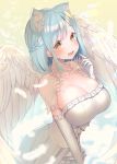  1girl :d angel_wings animal_ear_fluff animal_ears blue_hair blush braid breasts brown_eyes cat_ears collarbone commentary_request dress elbow_gloves feathered_wings feathers frilled_dress frilled_gloves frills gloves hand_up kemonomimi_mode large_breasts looking_at_viewer moira_(nijisanji) mole mole_on_breast nijisanji open_mouth pleated_dress smile solo strapless strapless_dress suzuho_hotaru virtual_youtuber white_dress white_feathers white_gloves white_wings wings 