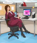  2018 annoyed big_breasts boots breasts brown_eyes brown_hair catchabird chair clothed clothing computer computer_virus detailed_background female footwear hair hi_res high_heeled_boots high_heels human human_only inside long_hair mammal microsoft_excel not_furry office shoes sitting solo text 