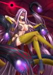  1girl adsouto blindfold blush breasts bustier claws cleavage cleavage_cutout commentary domino_mask english_commentary fate/grand_order fate_(series) fingernails glowing glowing_eye gorgon_(fate) highres huge_breasts large_breasts long_fingernails long_hair mask monster_girl navel pelvic_curtain purple_hair rider scales slit_pupils smile snake solo square_pupils very_long_hair 