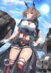  1girl bare_shoulders bird black_skirt blue_sky blurry blurry_background blush breasts brown_hair bubble cannon chains cloud day eyebrows_visible_through_hair gloves green_eyes hand_on_hip headgear highres kantai_collection kneehighs large_breasts long_hair looking_at_viewer midriff miniskirt mutsu_(kantai_collection) navel one_eye_closed outdoors parted_lips pleated_skirt remodel_(kantai_collection) rigging seagull short_hair shrug_(clothing) skirt sky sleeve_cuffs smile solo sunlight thighs turret v_r_dragon01 white_gloves 