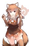  1girl absurdres animal_ears arms_up blush breasts brown_eyes brown_gloves brown_hair brown_legwear brown_skirt dhole_(kemono_friends) elbow_gloves eyebrows_visible_through_hair fang gloves highres japari_symbol kanzakietc kemono_friends large_breasts long_hair looking_at_viewer open_mouth simple_background skirt smile solo tail thighhighs white_background 