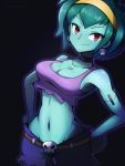  1girl bare_shoulders black_background breasts choker cleavage closed_mouth collarbone crop_top earrings green_hair green_skin hairband jewelry looking_at_viewer medium_breasts midriff monster_girl navel phiphi-au-thon red_eyes rottytops shantae_(series) short_hair shorts simple_background skull_earrings smile solo zombie 