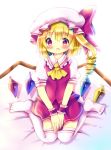  1girl :d ascot bangs bed_sheet blonde_hair blush bow chocolat_(momoiro_piano) collared_shirt commentary_request crystal eyebrows_visible_through_hair flandre_scarlet frilled_shirt_collar frills full_body hair_between_eyes hand_on_lap hat hat_bow long_hair mob_cap no_shoes one_side_up open_mouth puffy_short_sleeves puffy_sleeves red_bow red_eyes red_skirt red_vest ringlets shirt short_sleeves sitting skirt smile solo thighhighs touhou vest wariza white_headwear white_legwear white_shirt wings wrist_cuffs yellow_neckwear 