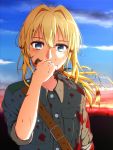  1girl blonde_hair blood bloody_clothes bloody_hair bloody_weapon blue_eyes blue_sky cloud day floating_hair grey_jacket hair_between_eyes holding holding_knife jacket knife long_hair looking_at_viewer military_jacket neko_no_sora outdoors sky sleeves_rolled_up solo upper_body violet_evergarden violet_evergarden_(character) weapon 