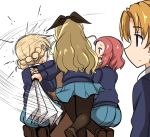  assam blonde_hair blue_eyes darjeeling emblem fan girls_und_panzer kumo_(atm) long_hair multiple_girls orange_pekoe pantyhose paper_fan rosehip school_uniform st._gloriana&#039;s_(emblem) st._gloriana&#039;s_school_uniform 