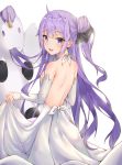  1girl absurdres ahoge azur_lane backless_dress backless_outfit bangs bare_shoulders blush breasts commentary dress elbow_gloves eyebrows_visible_through_hair from_behind gloves hair_ribbon highres lifted_by_self long_hair looking_at_viewer open_mouth purple_eyes purple_hair ribbon shoulder_blades simple_background skirt skirt_hold small_breasts smile solo stuffed_alicorn stuffed_animal stuffed_toy unicorn_(azur_lane) very_long_hair white_background white_dress white_gloves wung125 