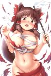  1girl animal_ears areolae bandage bangs bare_arms bare_shoulders blush bow breasts brown_eyes brown_hair commentary_request cowboy_shot eyebrows_visible_through_hair fangs fingernails frilled_bow frills gohei groin hair_bow hakurei_reimu hands_up head_tilt highres holding kemonomimi_mode large_breasts looking_at_viewer navel open_mouth red_bow red_skirt sarashi sharp_fingernails shide shiny_shinx simple_background skirt solo stomach sweat torn_clothes torn_skirt touhou undone_sarashi white_background wolf_ears 