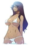  1girl bare_shoulders bikini bleach breasts choker dark_skin groin hairu large_breasts licking_lips long_hair navel pubic_hair purple_hair shihouin_yoruichi simple_background solo sunglasses swimsuit swimsuit_pull tongue tongue_out wading water wet white_background 