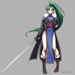  1girl artist_name bare_legs black_gloves blue_dress boots breasts brown_footwear cloak dress earrings fingerless_gloves fire_emblem fire_emblem:_kakusei fire_emblem:_rekka_no_ken fire_emblem_heroes full_body fur-trimmed_boots fur_trim gloves green_eyes green_hair grey_background jewelry katana long_hair looking_at_viewer lyndis_(fire_emblem) medium_breasts nintendo parted_lips pelvic_curtain phiphi-au-thon ponytail sash shoulder_armor side_slit simple_background solo standing sword thighs twitter_username vambraces weapon 