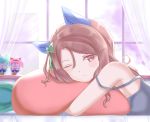  1girl blue_shirt bow character_doll character_request commentary_request curtains from_side green_bow hair_bow king_halo long_hair looking_at_viewer morning object_hug on_bed one_eye_closed pillow pillow_hug shirt solo strap_slip totosionz umamusume waking_up window windowsill 
