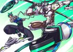  2boys arms_(game) chains commentary_request crossover cyborg genji_(overwatch) glasses highres jumping katana male_focus multiple_boys ninja ninjara_(arms) overwatch ryuusei_(mark_ii) shoes silver-framed_eyewear sneakers speed_lines sword visor weapon 