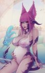 1girl animal_ears areolae au_ra bangs blue_eyes blunt_bangs blurry blurry_background breasts carbuncle_(final_fantasy) cleavage commentary dragon_horns dragon_tail english_commentary final_fantasy final_fantasy_xiv fox_ears hand_on_own_stomach horns large_areolae large_breasts lips long_hair looking_at_viewer nail_polish one-piece_swimsuit parted_lips pink_hair pregnant scales see-through sitting_on_railing solo soranamae swimsuit tail white_swimsuit 