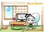  1girl =_= barefoot basket blue_sky chibi cloud commentary_request desk_lamp english_text food fruit green_skirt green_vest hair_ribbon indoors karakasa_obake kashuu_(b-q) konpaku_youmu konpaku_youmu_(ghost) lamp monitor on_floor open_mouth open_window palanquin_ship peach pillow ribbon shirt short_sleeves sitting skirt sky solo sweatdrop tatami touhou umbrella vest white_hair white_shirt window 