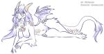  5_fingers 5_toes anthro big_breasts blep breasts claws dragon female fur furred_dragon hair hi_res horn long_hair lumine lying michysaur navel nipples nude on_side purple_eyes purple_hair purple_tongue pussy scalie snout spots toe_claws toes tongue tongue_out underbelly watermark wide_hips wings 