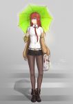  1girl bag bangs belt black_footwear black_legwear black_shorts blue_eyes boots brown_hair brown_jacket candy clothes_down collared_shirt dated dress_shirt floating_hair food full_body green_umbrella grey_background highres holding holding_bag holding_umbrella jacket lollipop long_hair looking_to_the_side makise_kurisu necktie open_clothes open_jacket pantyhose plastic_bag red_neckwear shadow shirt short_shorts shorts signature solo standing steins;gate ten_cws umbrella white_shirt wing_collar 
