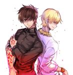  2boys back-to-back black_shirt blonde_hair bracelet brown_eyes brown_hair eyes_closed fate/stay_night fate_(series) gilgamesh jewelry kotomine_kirei long_sleeves lowres male_focus multiple_boys necklace parted_lips shida_(xwheel) shirt simple_background sleeves_rolled_up white_background white_shirt 