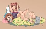  2girls barefoot bdsm bondage bound brown_eyes brown_hair feet femdom gag gagged highres human_furniture improvised_gag misaka_mikoto multiple_girls pajamas pillow pink_eyes print_pajamas restrained shirai_kuroko soles tape tape_gag to_aru_kagaku_no_railgun to_aru_majutsu_no_index toes 