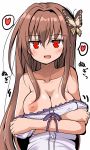  1girl :d areolae bare_shoulders blush breasts brown_hair butterfly_hair_ornament cleavage collarbone commentary_request eyebrows_visible_through_hair hagi_(oshiro_project) hair_ornament large_breasts long_hair looking_at_viewer nipples one_breast_out open_mouth oshiro_project oshiro_project_re red_eyes simple_background smile solo tsuzuri_(tuzuri) undressing upper_body white_background 