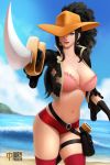  1girl beach black_hair blue_eyes breasts cleavage hat iury_padilha large_breasts long_hair looking_at_viewer navel nico_robin ocean one_piece smile solo standing sword weapon 