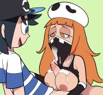  1boy bandanna breasts creatures_(company) cum cum_on_body cum_on_breasts cum_on_upper_body facial game_freak highres miscon nintendo orange_eyes orange_hair original paizuri pokemon pokemon_(game) pokemon_sm team_skull team_skull_grunt you_(pokemon) 