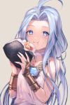  1girl ahoge bare_shoulders blue_eyes blue_hair blush bridal_gauntlets choker dress eating food food_on_face gem granblue_fantasy holding holding_food long_hair looking_at_viewer lyria_(granblue_fantasy) matsuki_tou onigiri rice rice_on_face sleeveless sleeveless_dress solo very_long_hair white_choker white_dress 