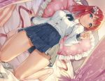  barefoot bed blush bow green_eyes miazi original red_hair seifuku skirt 