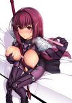  1girl armored_boots bed between_legs blush bodysuit boots breasts cum cum_on_body cum_on_breasts cum_on_hair cum_on_upper_body expressionless eyebrows_visible_through_hair fate/grand_order fate_(series) gae_bolg haruhisky highres knees_together_feet_apart large_breasts long_hair looking_at_viewer nipples pauldrons polearm pregnancy_test purple_bodysuit purple_hair red_eyes scathach_(fate)_(all) scathach_(fate/grand_order) self_fondle shoulder_armor sitting solo spear sweat torn_bodysuit torn_clothes weapon white_background 