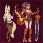  2girls abs absurdres animal_ears armor artist_name belt blonde_hair blush breasts cleavage commission dark_skin elbow_gloves eyebrows_visible_through_hair facial_scar fanny_pack fiery_tail fire fox_ears fox_girl fox_tail full_body gloves grin hair_ribbon hands_on_hips head_fins highres holding holding_sword holding_weapon inari_(monster_girl_encyclopedia) jewelry large_breasts lizard_girl lizard_tail long_hair medium_breasts monster_girl monster_girl_encyclopedia multiple_girls parted_lips ponytail revealing_clothes ribbon salamander_(monster_girl_encyclopedia) scales scar shirt simple_background smile sword tail weapon wlper 