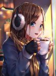  1girl absurdres bangs black_gloves blue_eyes brown_hair coffee coffee_mug commentary cup earmuffs fingerless_gloves gloves highres huge_filesize lips looking_at_viewer medium_hair mr.lime mug original parted_bangs parted_lips scarf soft_focus solo winter 