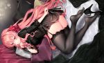  ass bed blush dress garter_belt ia_(ias1010) long_hair original pink_hair purple_eyes stockings thighhighs 