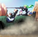  absurd_res ahoge black_sclera car clothed clothing dark_skin driving green_eyes green_hair group gun hair hi_res holding_object holding_weapon horn humanoid jeep maid_uniform not_furry open_mouth outside pink_hair pointy_ears ranged_weapon red_eyes rifle silver_hair sitting smile sweat teeth tire uniform vehicle weapon 緒左名 