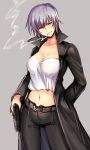  1girl belt black_coat black_pants breasts cleavage coat collarbone earrings fate/zero fate_(series) grey_background gun hand_in_pocket head_tilt holding holding_gun holding_weapon jewelry large_breasts looking_at_viewer midriff natalia_kaminski navel open_clothes open_coat pants parted_lips purple_eyes shida_(xwheel) short_hair silver_hair simple_background smile smoke_trail smoking solo standing stomach thigh_gap weapon white_tank_top 